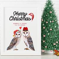 Barn Owl Couple Personalized Christmas Print