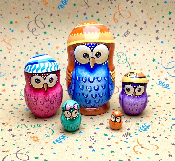 Funny Owls in hats Nesting Doll set