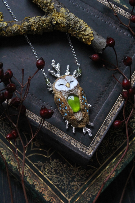 Barn Owl With Juniper And Green Cabochon Necklace, Witch Owl Charm, Wicca Owl Necklace, Bird Jewelry, Magic Owl Pendant, Fantasy Owl Charm