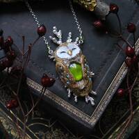 Barn Owl With Juniper And Green Cabochon Necklace, Witch Owl Charm, Wicca Owl Necklace, Bird...