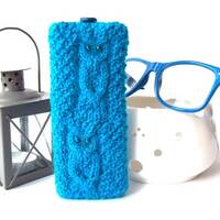 Blue Owl Glasses Case, Hand Knit