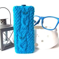 Blue Owl Glass Case, Hand Knit Reading Glasses Case, Knitted Eyeglasses Case, Owl Eyeglasses...