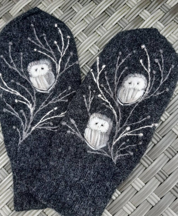 Merino wool lined winter mittens with embroidery owls