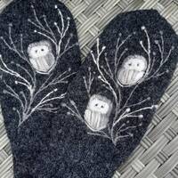 Merino wool lined winter mittens with embroidery owls