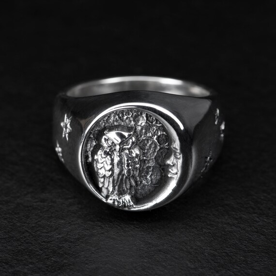 Silver Celestial Owl and Moon Ring
