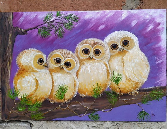 Owls oil painting 11.8x7.8 inches