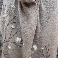 Knitted mohair scarf with embroidery owls