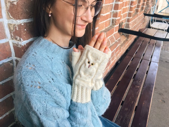 Owl mittens Fingerless gloves gift for owl lovers Ukrainian seller Hand knit owl mitts for women Wool winter arm warmers