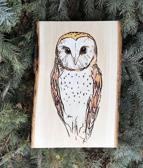 Barn Owl art on wood slice mixed media