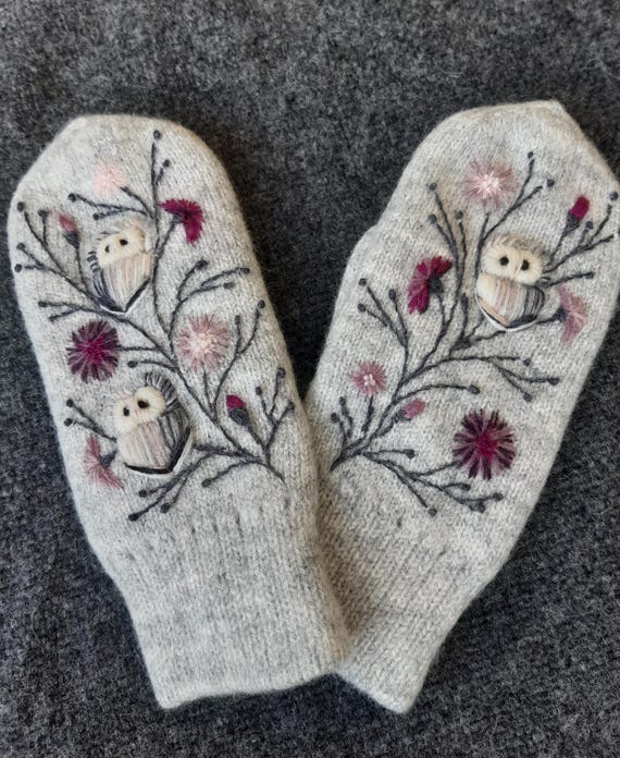 Knitted and felted lined winter mittens with embroidery owl and Scottish thistle ,soft and casual winter accessories,Christmas gift for her.