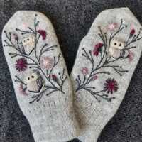 Knitted and felted lined winter mittens with embroidery owl and Scottish thistle ,soft and c...