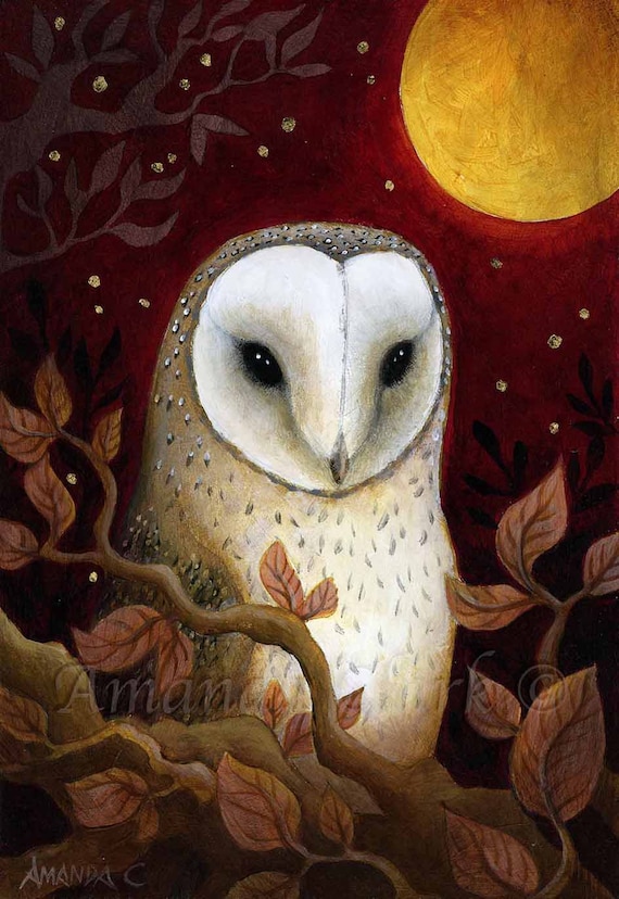 Print titled "The Red Night" by Amanda Clark - fairytale art print, woodland artwork, barn owl wall art, nature art print, dreamy wall art
