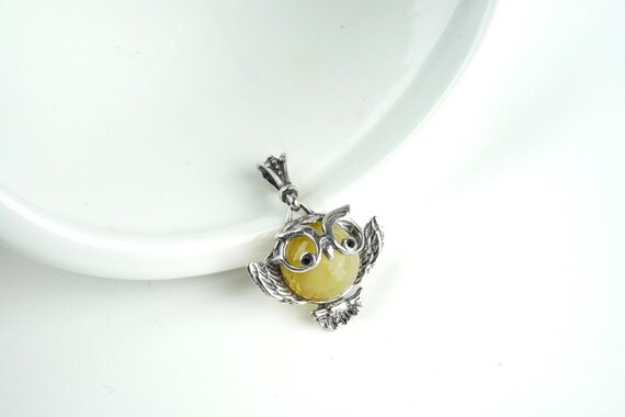 Sterling Silver and Amber Owl Necklace Pendant