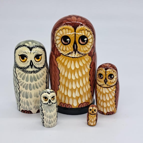 Nesting dolls Owl friends matryoshka 4" tall 5 in 1 handmade in Ukraine Wooden toy Stacking Russian doll gift for kids and collectors