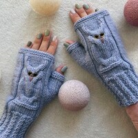 Owl fingerless mittens woman owl lovers handmade gift Knit Fingerless gloves mitts for girl