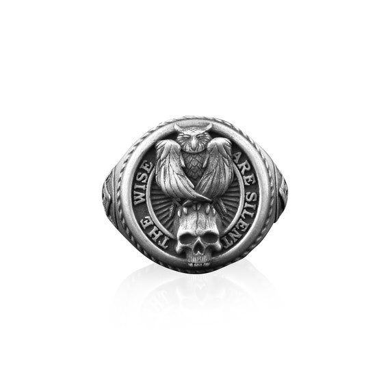 Owl Skull Mason Square Compass Signet Ring