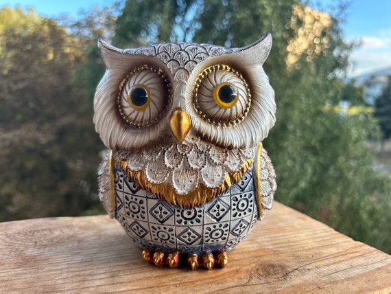 Handcrafted White and Gold Owl Figurine, Owl Gift, Housewarming Statuette Figurine