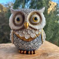 Handcrafted White and Gold Owl Figurine, Owl Gift, Housewarming Statuette Figurine