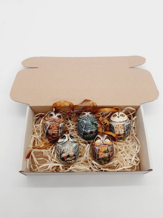 Owl ornaments Wooden egg decorations set