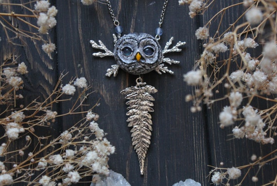 Great Grey Owl Necklace, Blue-eyed Owl Pendant, Owl Totem Jewelry, Grey Owl Spirit Charm