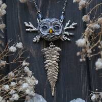 Great Grey Owl Necklace, Blue-eyed Owl Pendant, Owl Totem Jewelry, Grey Owl Spirit Charm