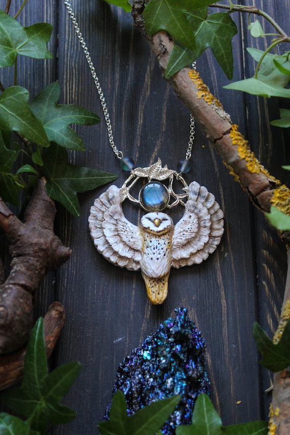 Barn Owl Necklace with Labradorite
