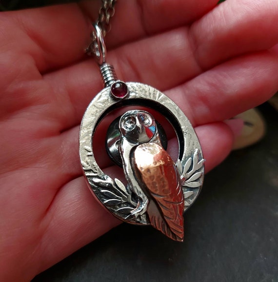 Silver and copper owl and moon shadowbox pendant
