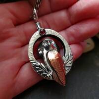 Silver and copper owl and moon shadowbox pendant