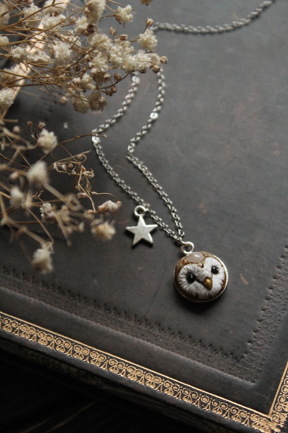 Barn Owl Moonstone Necklace, Owl Charm, Owl Spirit Jewelry