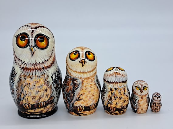 4" Owl nesting dolls Bird matryoshka 5 in 1 Made in Ukraine Wooden toy Stacking dolls Good for kids gift Home decor For owl collectors