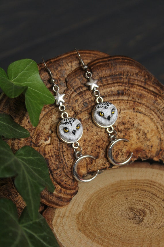 Snow Owl Earrings, Polar Owl Jewelry, White Owl Dangle and Drop Earrings, Owl Spirit Jewelry, Owl Totem Earrings