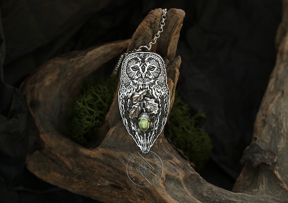 Tawny Owl Pendant, Silver Peridot Oak Necklace