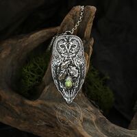 Tawny Owl Pendant, Silver Peridot Oak Necklace