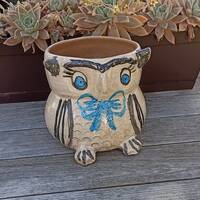 Owl Planter, Blue Bow Tie, Handmade Mexican Terra Cotta Pottery