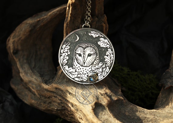 Owl and Moon Necklace - Barn Owl Pendant - Silver Moonstone Owl Necklace - Crescent Harvest Necklace - Moon Necklace - Acorn Necklace