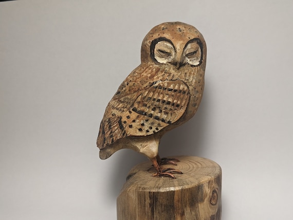 Sleepy little owl wood carving