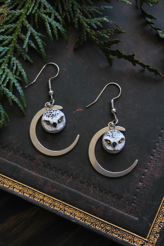 Snow Owl Earrings, Arctic Owl Jewelry, White Owl Dangle and Drop Earrings, Owl Moon Spirit Jewelry, Owl Totem Earrings