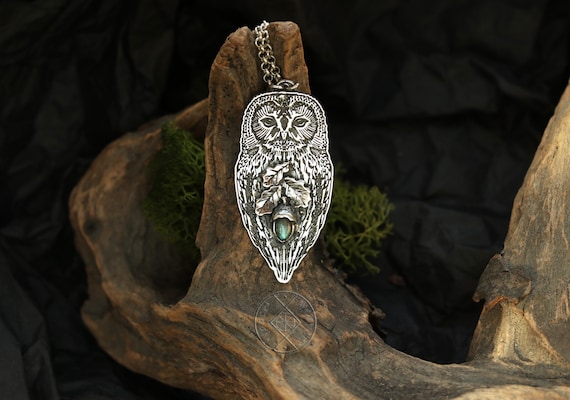 Tawny Owl Pendant, Silver Labradorite Oak Necklace