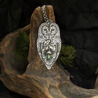 Tawny Owl Pendant, Silver Labradorite Oak Necklace
