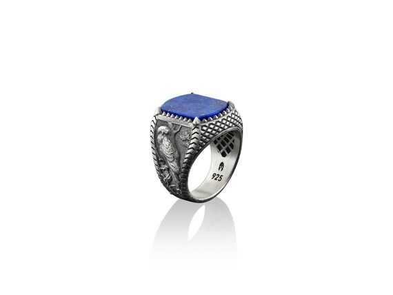Lapis lazuli silver ring with owl in the forest motif