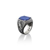 Lapis lazuli silver ring with owl in the forest motif