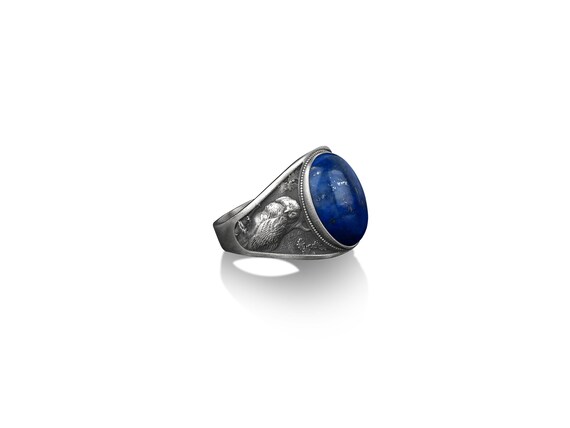 Sterling silver owl and tree signet ring, lapis lazuli stone