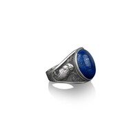Sterling silver owl and tree signet ring, lapis lazuli stone