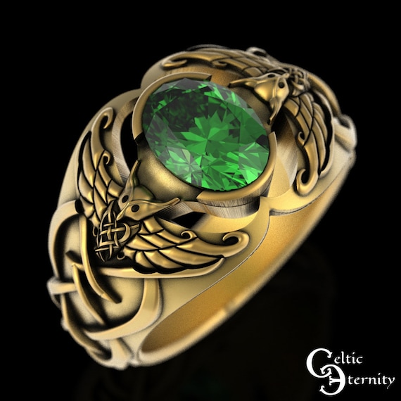 Gold & Emerald Mens Engagement Ring, 10K Viking Owl Ring, 14K Mens Emerald Signet, Celtic Owl Gold Wedding Ring, Owl Statement Ring, 3057