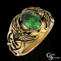 Gold & Emerald Mens Engagement Ring, 10K Viking Owl Ring, 14K Mens Emerald Signet, Celti...