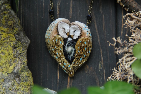 Barn Owl Love Galaxy Necklace, Two Barn Owls Nebula Pendant, Owl Love Charm, Tyto Alba Jewelry, Witchy Owl Love Charm