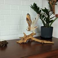 Short-eared owl, a wooden sculpture of an owl, Asio flammeus.