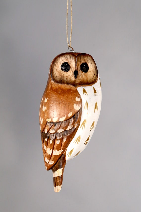 Barred Owl Ornament - 4"H - Hand Carved Hanging Wooden Birds
