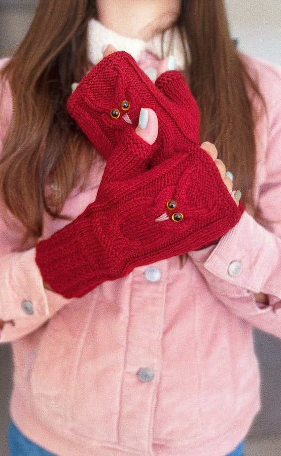 Hand knitted fingerless gloves with owl