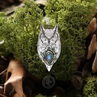 Great Horned Owl Pendant in sterling silver, Unisex Moonstone necklace